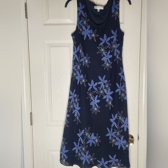 Dressbarn 14 Navy Blue Sleevless Floral Print Lined Women’s Midi  Dress - Picture 1 of 10